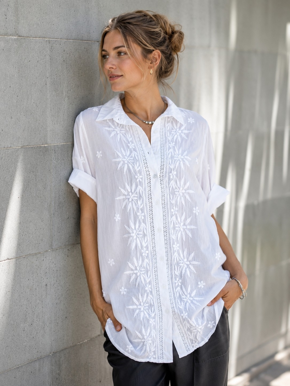 NOVICA Sundance White Embroidered Cotton Tunic Top Medium Boho Artisan